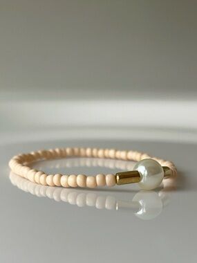 Pearl Accent Beige Beaded Stretch Bracelet